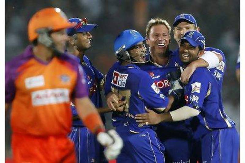 Rajasthan Royals' Shane Warne, third from right, took three wickets for 16 runs yesterday.