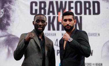 Boxing - Terence Crawford & Amir Khan Press Conference - Madison Square Garden, New York, U.S. - April 17, 2019 Terence Crawford and Amir Khan pose during the press conference Action Images via Reuters/Andrew Couldridge