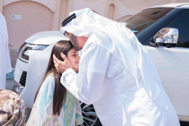Sheikh Mohamed bin Zayed, Crown Prince of Abu Dhabi and Deputy Supreme Commander of the UAE Armed Forces, visits Ayesha Al Mazrouei at her family home in Abu Dhabi. Courtesy Sheikh Mohamed bin Zayed Twitter