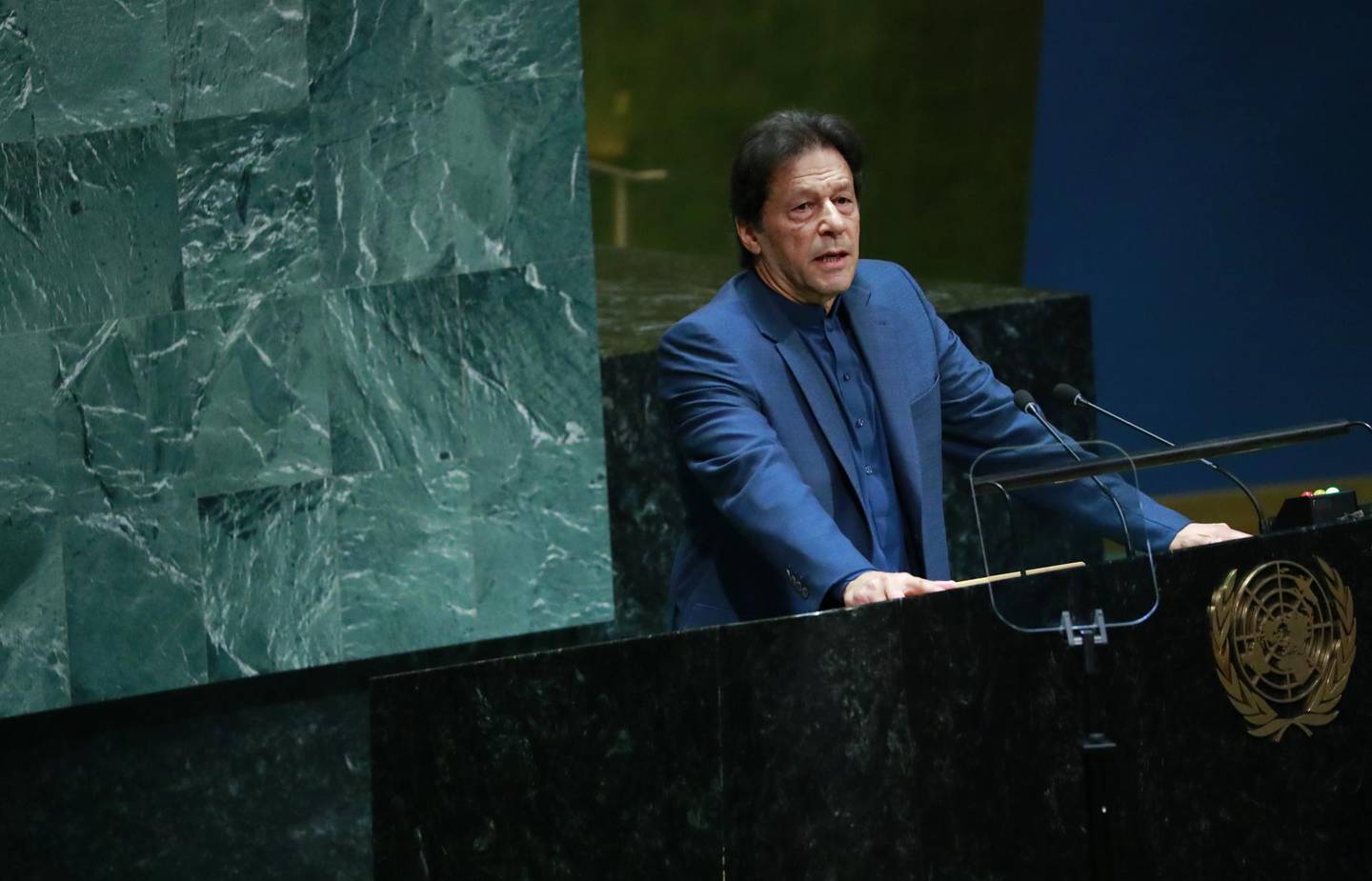 Imran Khan, Pakistan's prime minister, speaks during the UN General Assembly meeting in New York, U.S., on Friday, Sept. 27, 2019. Pakistan called on the Trump administration to do more to help ease tensions after India revoked autonomy in the disputed Muslim-majority state of Kashmir, a decision that has inflamed tensions between the two Asian powers.Photographer: Yana Paskova/Bloomberg