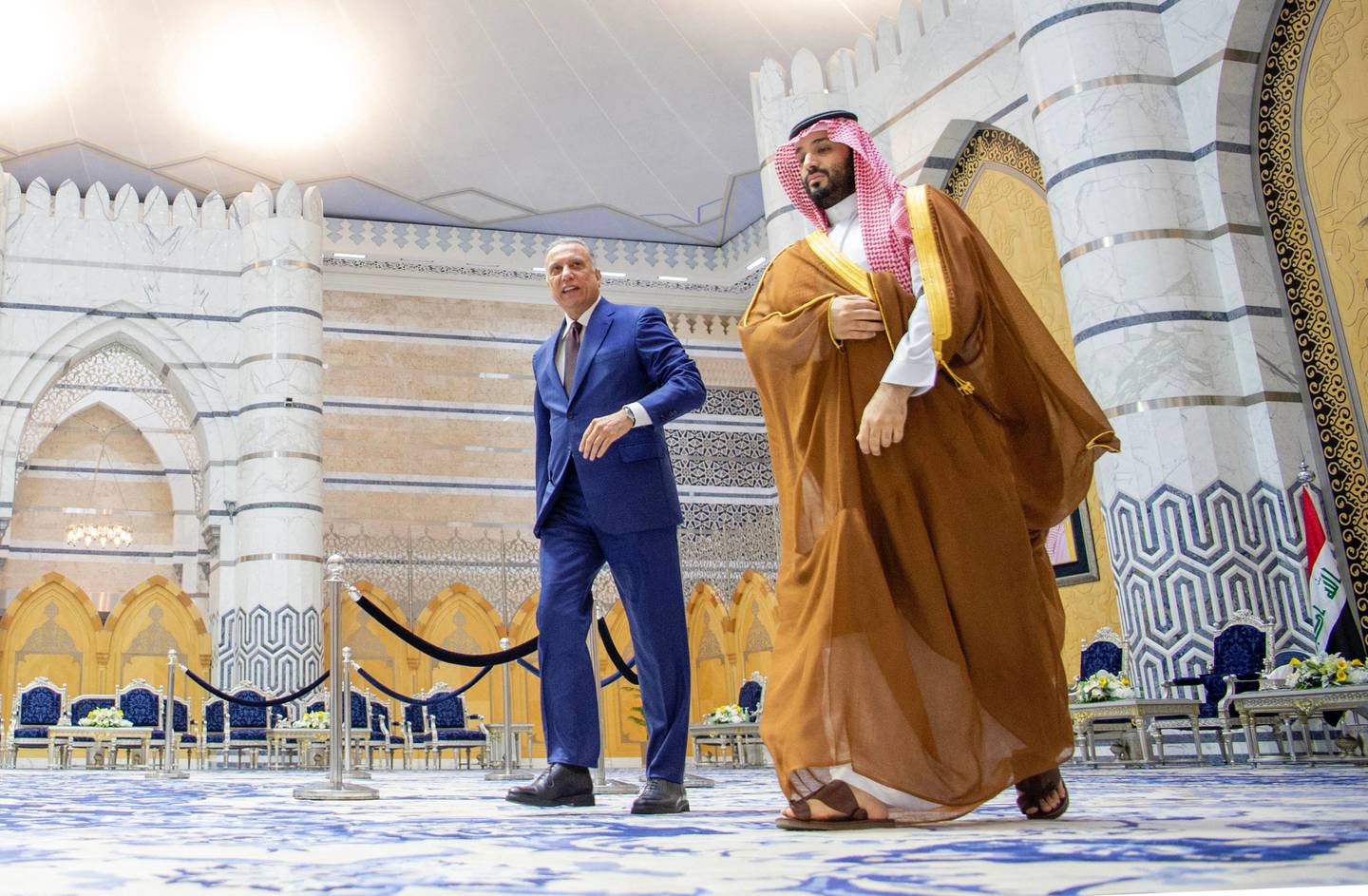 Saudi Crown Prince Mohammed bin Salman with Iraqi Prime Minister Mustafa Al Kadhimi in Jeddah, Saudi Arabia. Reuters