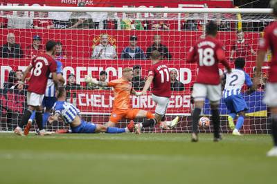 Manchester United's Rasmus Hojlund scores a goal that was disallowed after the ball had earlier gone out of play. AP 