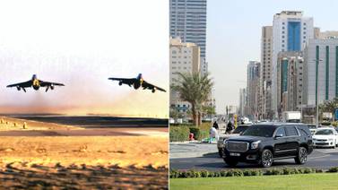 Left: RAF Sharjah in 1970, King Abdul Aziz Street in Sharjah in 2021. The street used to form part of the runway. Courtesy Ken Parry; Chris Whiteoak / The National