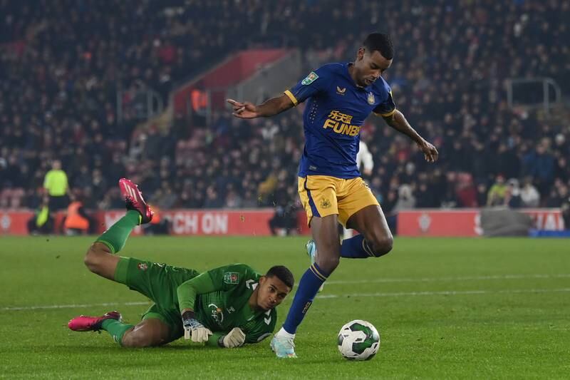 SOUTHAMPTON RATINGS: Gavin Bazunu 7: Left with bloody nose after first-half collision with Almiron. No shots on target until just before half-time when he saved well from Willock. No chance with goal. Rounded by Isak late on but did enough to push attacker wide of goal. Getty