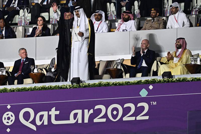 Qatar's Emir Sheikh Tamim, centre, Saudi Arabia's Crown Prince Mohammed bin Salman, right, Jordan's King Abdullah II King of Jordan, left, and Fifa president Gianni Infantino, second right, at the opening ceremony. AFP