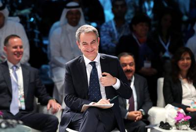 Abu Dhabi, United Arab Emirates - April 08, 2019: José Luis Rodríguez Zapatero, Former Prime Minister of Spain speaks on the topic of Cultural diplomacy and responsibility in the age of technology at the Culture Summit 2019. Manarat Al Saadiyat, Abu Dhabi. Chris Whiteoak / The National