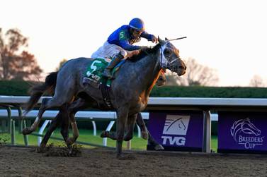 Jockey Luis Saez rides Essential Quality to win the Breeders' Cup Juvenile race at Keeneland Race Course in Lexington last November. AP