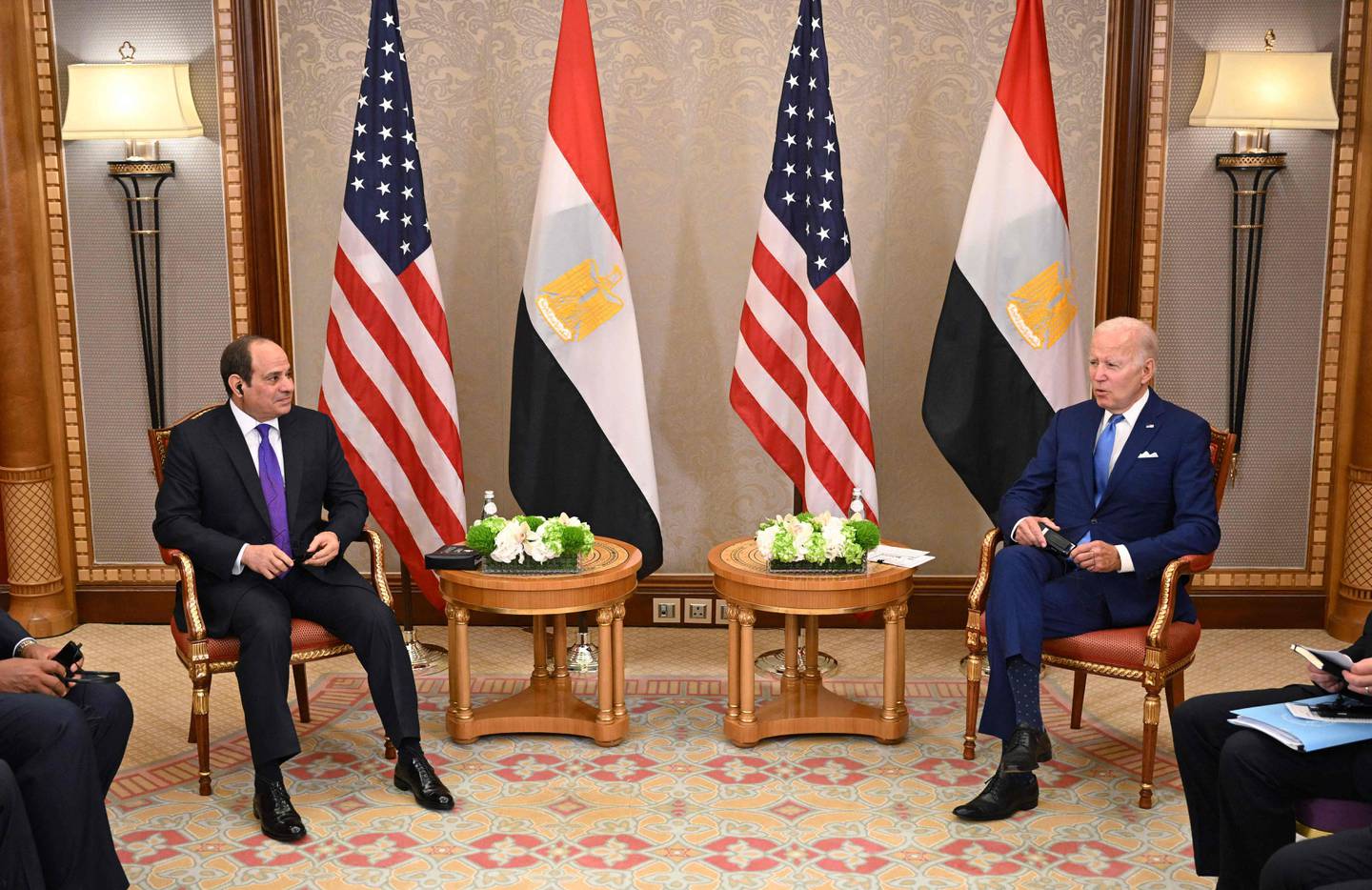 US President Joe Biden, right. and Egyptian President Abdel Fattah al-Sisi meet in Jeddah, Saudi Arabia on July 16, 2022. AFP