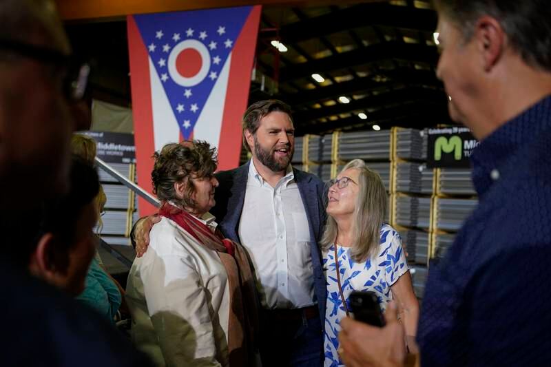 JD Vance speaks with supporters following a rally in Middletown, Ohio. AP