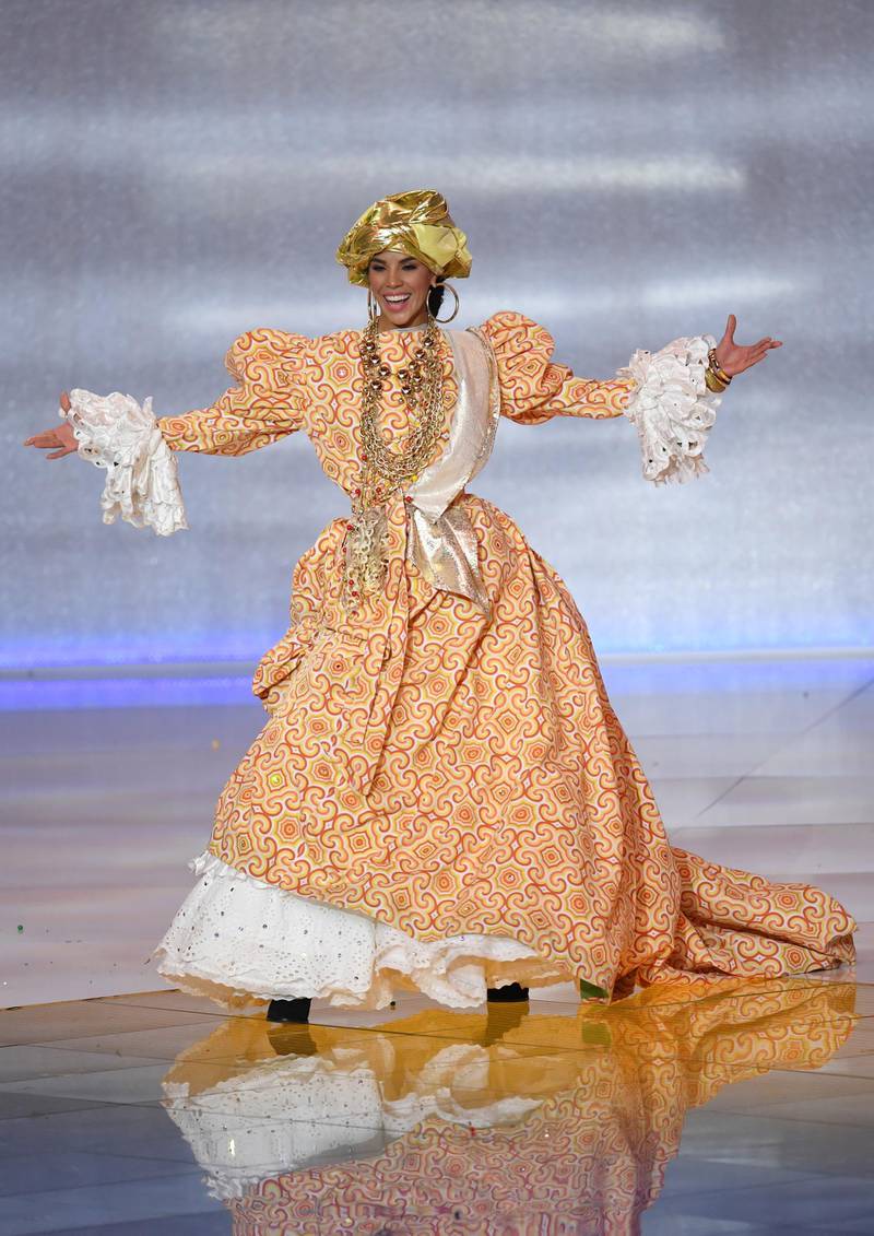 Miss Venezuela Isabella Rodriguez performs during the final in the ExCel centre in London.  EPA