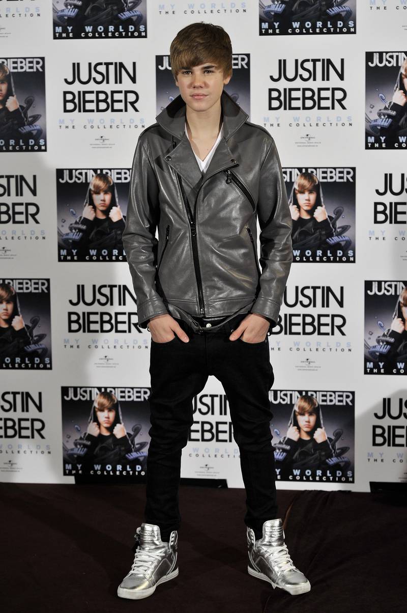 In a grey leather jacket, the singer attends a photo call at Urban Hotel on November 29, 2010, in Madrid. Getty Images