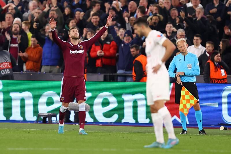 Andriy Yarmolenko of West Ham United celebrates after scoring his team's second goal against Sevilla. Getty Images
