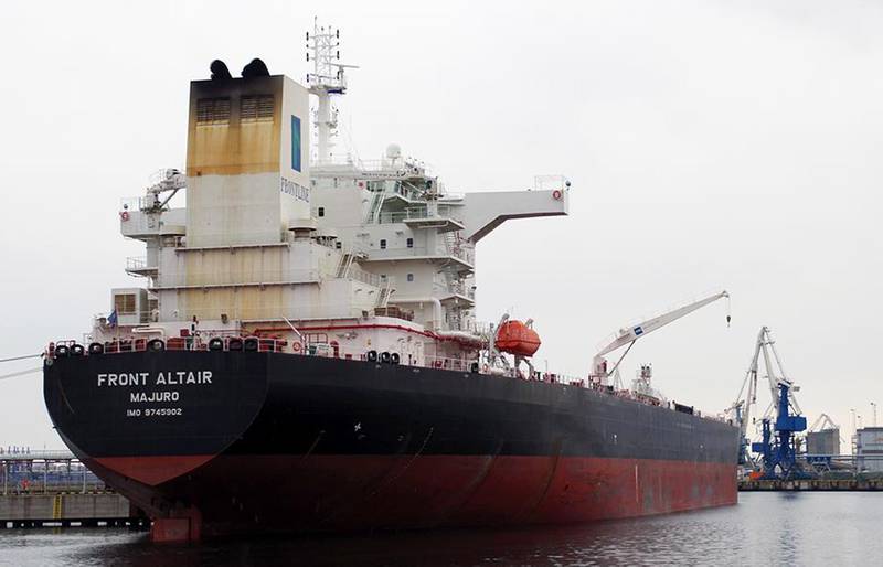 epa07645033 A picture provided by Artjom Lofitski shows the Norwegian crude oil tanker Front Altair at the port of Muuga, Estonia, 29 April 2018 (issued 13 June 2019). According to the Norwegian Maritime Authority, the Front Altair is currently on fire in the Gulf of Oman after allegedly being attacked and in the early morning of 13 June between the UAE and Iran.  EPA/ARTJOM LOFITSKI / MARINETRAFFIC.COM MANDATROY CREDIT: ARTJOM LOFITSKI HANDOUT EDITORIAL USE ONLY/NO SALES