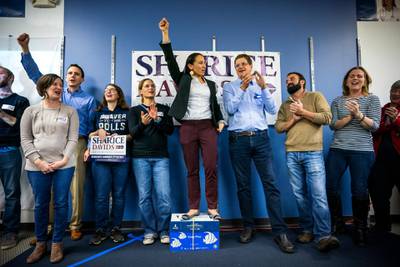 Democratic House candidate from Kansas Sharice Davids (C) holds an election eve rally.  EPA