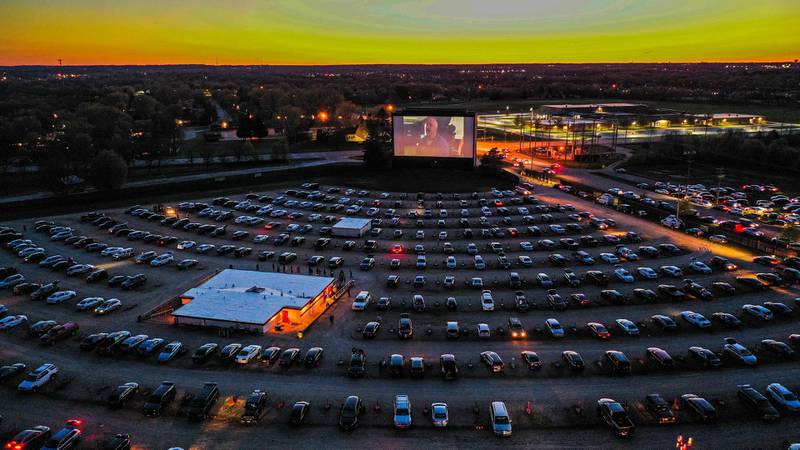 An aerial photo made with a drone shows a sold out McHenry Outdoor Theater as a movie starts in McHenry, Illinois, USA. EPA