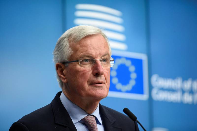 European Union Chief Negotiator in charge of Brexit negotiations, Michel Barnier speaks during a joint press conference with Bulgarian Vice premier minister and Foreign minister Ekaterina Zaharieva after a General affairs council debate on the Article 50 concerning Brexit at the EU headquarters in Brussels on February 27, 2018.
EU negotiator Michel Barnier warned on February 27 that an unlimited post-Brexit transition period was not possible, and that Europe would insist on it finishing at the end of 2020. / AFP PHOTO / JOHN THYS