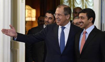 Sheikh Abdullah bin Zayed, Minister of Foreign Affairs, right, with his Russian counterpart, Sergei Lavrov, in Moscow on May 28, 2015. Yuri Kadobnov / AFP Photo