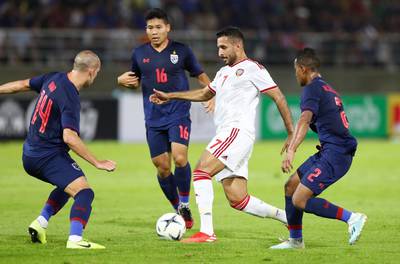 UAE's Ali Mabkhout surrounded by Thailand players. Reuters