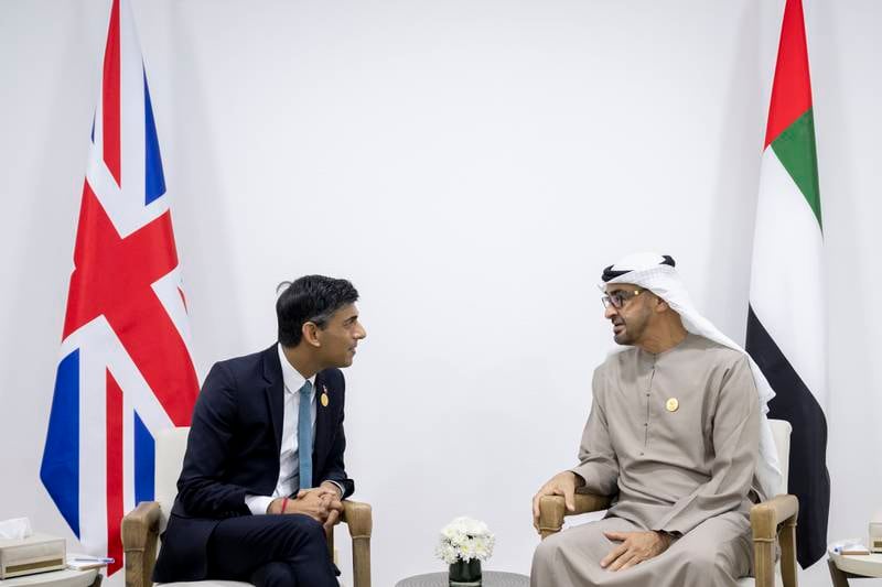 Sheikh Mohamed with UK Prime Minister Rishi Sunak. Hamad Al Kaabi / UAE Presidential Court
