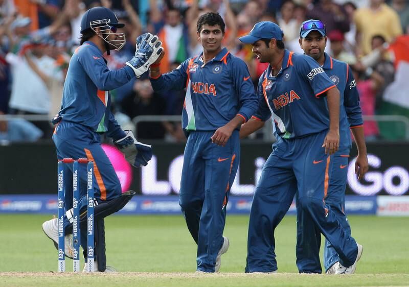 Ravindra Jadeja is congratulated by his India team-mates after taking the wicket of South Africa's AB de Villiers during their T20 World Cup Super Eight match at Trent Bridge, Nottingham, on June 16, 2009. Getty