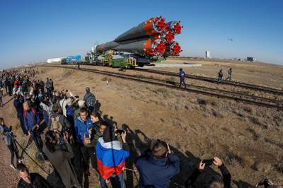 The Soyuz MS-15 spacecraft for the new International Space Station (ISS) crew, comprising Jessica Meir of the U.S., Oleg Skripochka of Russia and Hazzaa Ali Almansoori of United Arab Emirates, is transported from an assembling hangar to the launchpad ahead of its upcoming launch, at the Baikonur Cosmodrome Baikonur, Kazakhstan September 23, 2019.  REUTERS/Shamil Zhumatov