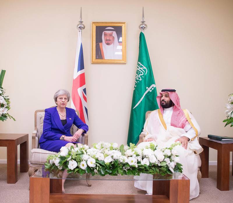 epa07200613 A handout photo made available by the Saudi Royal Court shows British Prime Minister Theresa May (C-L) and Saudi Crown Prince Mohammad bin Salman (C-R) sit for a bilateral on the sidelines of the G20 summit in Buenos Aires, Argentina, 30 November 2018. The G20 Summit (or G-20 or Group of Twenty) takes place from 30 November to 01 December 2018 and brings together the heads of State or Government of the 20 largest economies.  EPA/BANDAR ALGALOUD/SAUDI ROYAL COURT HANDOUT  HANDOUT EDITORIAL USE ONLY/NO SALES