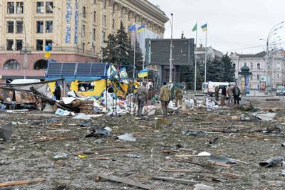Debris litters the square outside the damaged Kharkiv city hall. AFP