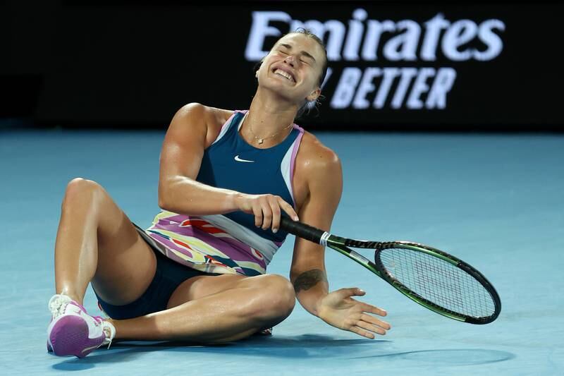 Aryna Sabalenka celebrates winning the Australian Open after beating Elena Rybakina in the final at Melbourne Park on January 28, 2023. Getty