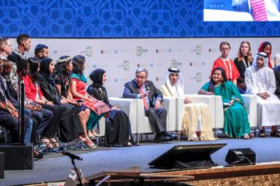 Abu Dhabi, United Arab Emirates, June 30, 2019.   Abu Dhabi Climate Meeting at the Emirates Palace.-- Minister of State for Houth, H.E. Shamma Al Mazrui with World Youth representatives talk to His Excellency Dr. Thani bin Ahmed Al Zeyoudi, Minister of Climate Change and Environment and António Guterres, Secretary General of the United Nationson stage regarding climate change.Section:  NAReporter:  John Dennehy