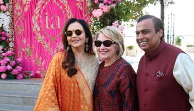 Hillary Clinton has reached the venue. Clinton was also part of the sangeet ceremony last week, seen here with Mukesh Ambani and his wife Nita Ambani on December 8. Reliance Industries Limited via AP