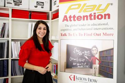 Suzan Sherif, a Play Attention specialist at Know How for Management Consulting at their office in Al Zahiyeh, Abu Dhabi, says each exercise in the programme ‘does something different’. Christopher Pike / The National