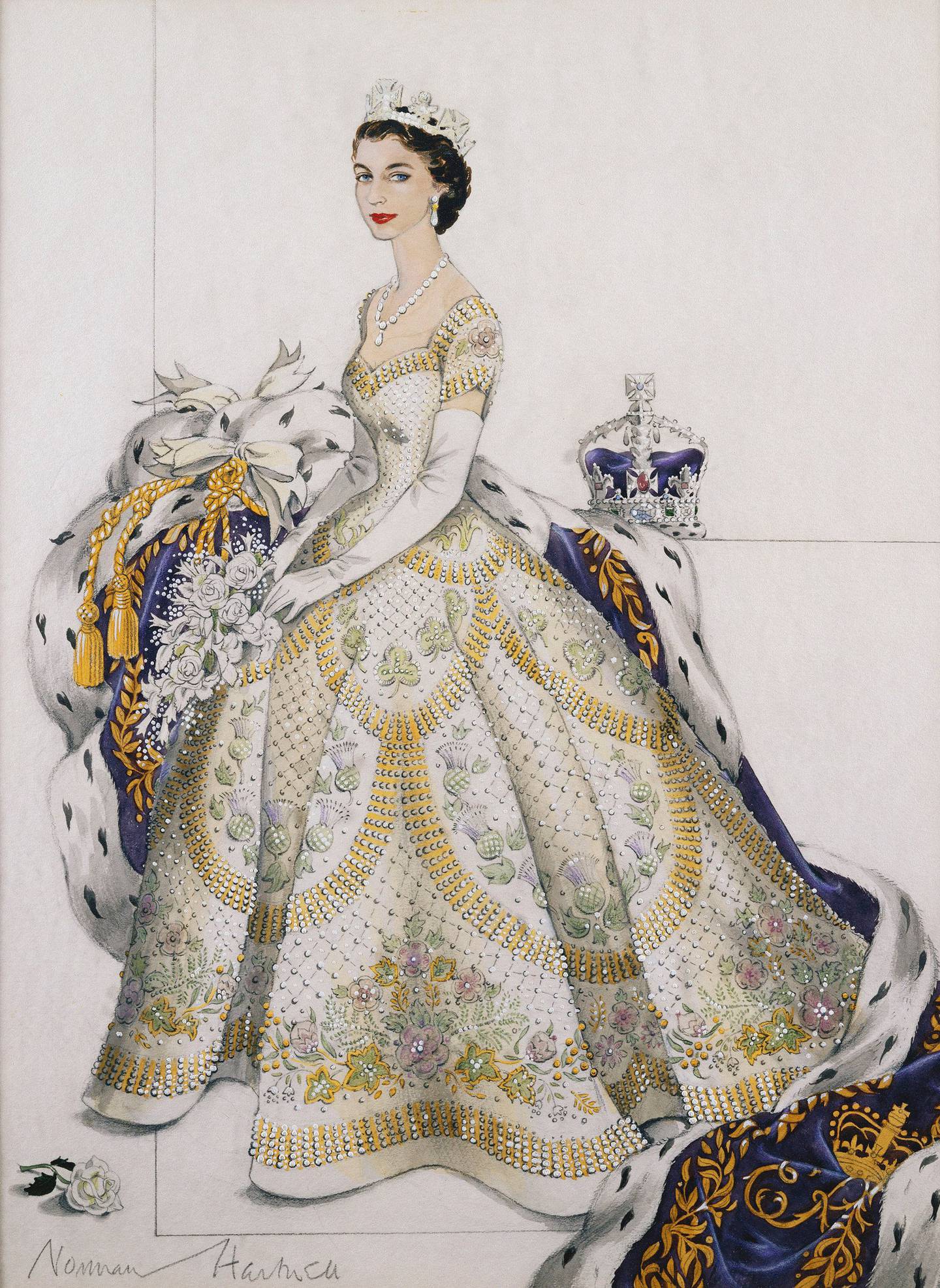 Norman Hartnell's sketch of the design chosen to be the coronation dress. Photo: The Royal Collections