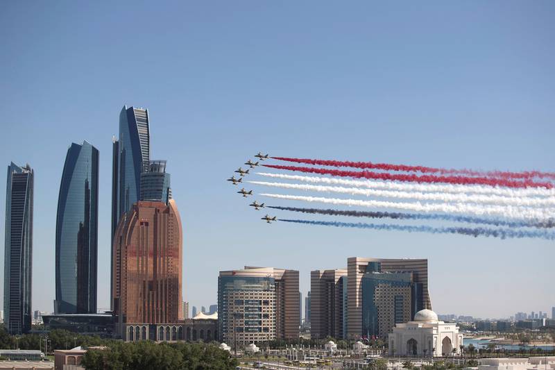 ABU DHABI, UNITED ARAB EMIRATES - November 14, 2019: The Al Forsan aerobatic team perform a flyby during the arrival of HE Abdel Fattah El Sisi, President of Egypt, commencing an Egyptian state visit at Qasr Al Watan. 

( Abdullah Al Neyadi for the Ministry of Presidential Affairs )
---