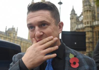 epa07145262 Far right activist, known as Tommy Robinson, (Stephen Christopher Yaxley-Lennon) outside the British Houses of Parliament in central London, Britain, 06 November 2018.  EPA/FACUNDO ARRIZABALAGA