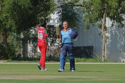 Namibia's Craig Williams after scoring a century against Oman in the World Cup League Two. Courtesy Cricket Oman