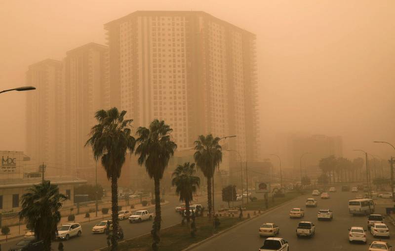Downtown Arbil cloaked in a sandstorm haze.