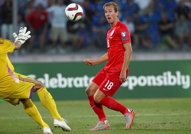2) Kane strikes in the 6-0 win against San Marino on September 5, 2015. Getty