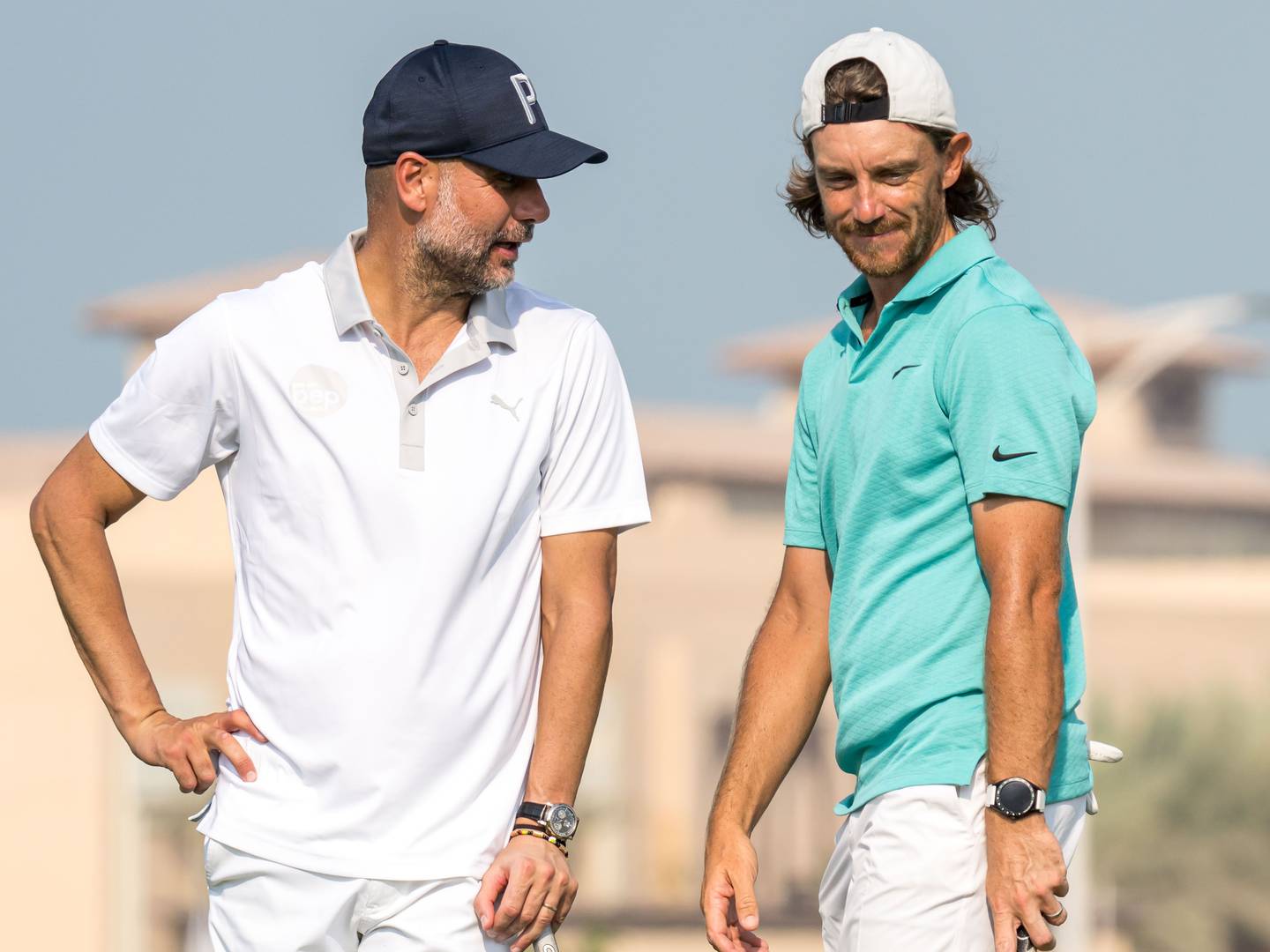 Pep Guardiola with golf ace Tommy Fleetwood at the Pep Pro-AM by OKX at the Saadiyat Beach Golf Club.