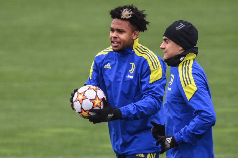 Weston McKennie, left, and Paulo Dybala attend a training session at the Continassa training ground in Turin. AFP