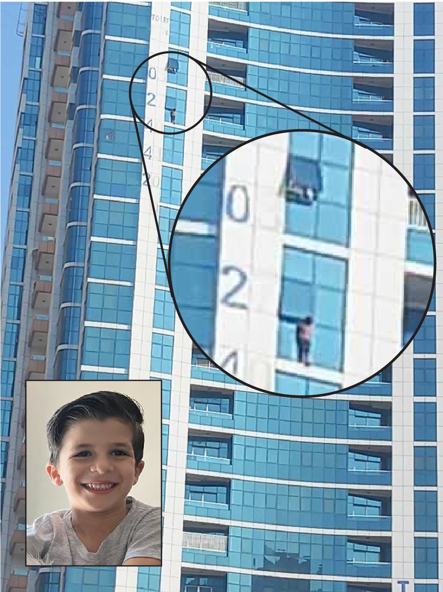 Farouq Mohammad dangling from the window of the high-rise building in Sharjah. Photo: Facebook
