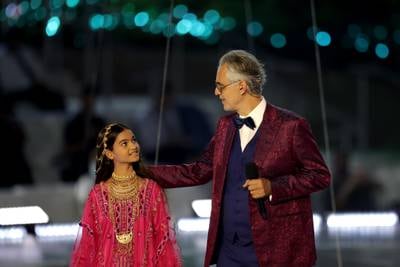 Italian tenor Andrea Bocelli performs with Mira Singh from Dubai, during the Expo 2020 opening ceremony on September 30, 2021. Mahmoud Khaled / Expo 2020 Dubai