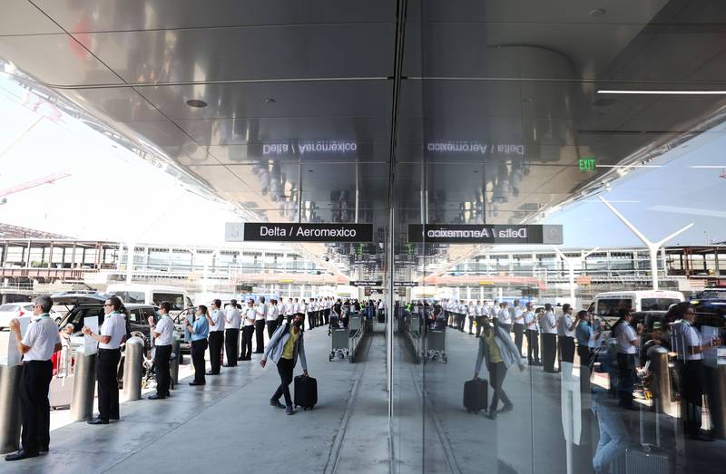 Delta Air Lines pilots picket Los Angeles International Airport, California, in a protest over contracts. Getty 