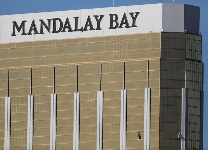 Two broken windows are seen at The Mandalay Bay Resort and Casino following a mass shooting at the Route 91 Festival in Las Vegas, Nevada, U.S., October 2, 2017.  REUTERS/Mike Blake