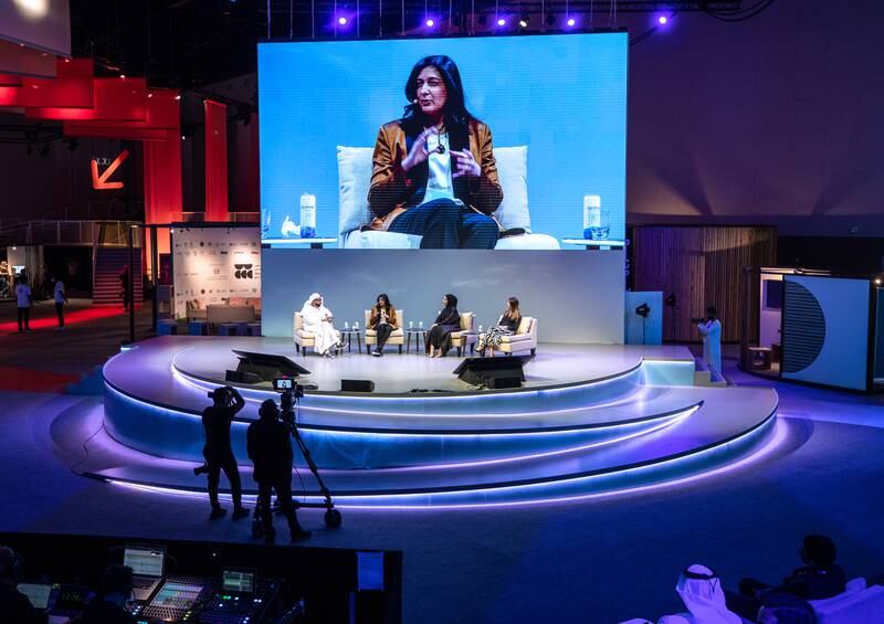 Najla Al Midfa, Manar Al Hinai and Leila Hamadeh at a panel discussion moderated by Saeed Al Nofeli at the World Conference on Creative Economy at Expo 2020 Dubai on Thursday. Victor Besa / The National
