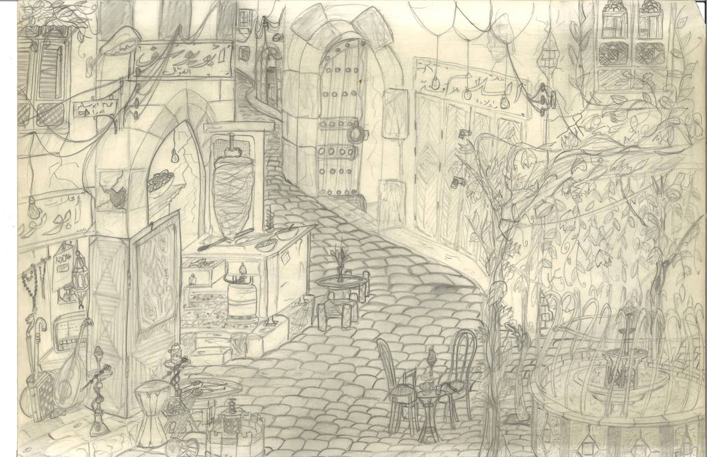 A childhood sketch by Mohamad Hafez, who was so entranced by the world’s oldest continuously inhabited city as a teenager that he would wander its souqs and alleyways with pencil and paper in hand at any available opportunity. Photo: Mohamad Hafez
