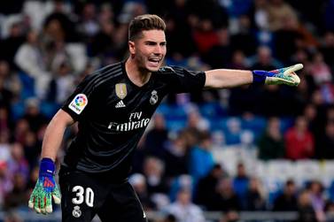 Real Madrid's French goalkeeper Luca Zidane gestures during the Spanish League football match between Real Madrid CF and SD Huesca at the Santiago Bernabeu stadium in Madrid on March 31, 2019. / AFP / JAVIER SORIANO