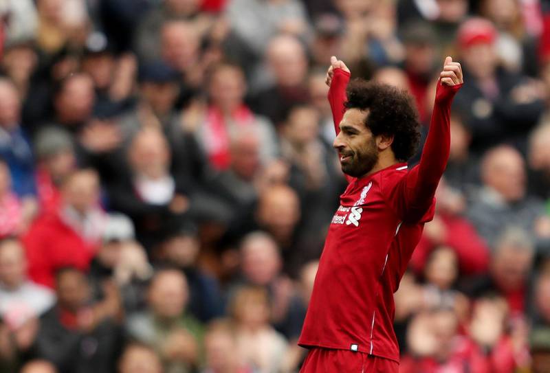 Soccer Football - Premier League - Liverpool v Southampton - Anfield, Liverpool, Britain - September 22, 2018  Liverpool's Mohamed Salah celebrates scoring their third goal   Action Images via Reuters/Lee Smith  EDITORIAL USE ONLY. No use with unauthorized audio, video, data, fixture lists, club/league logos or "live" services. Online in-match use limited to 75 images, no video emulation. No use in betting, games or single club/league/player publications.  Please contact your account representative for further details.