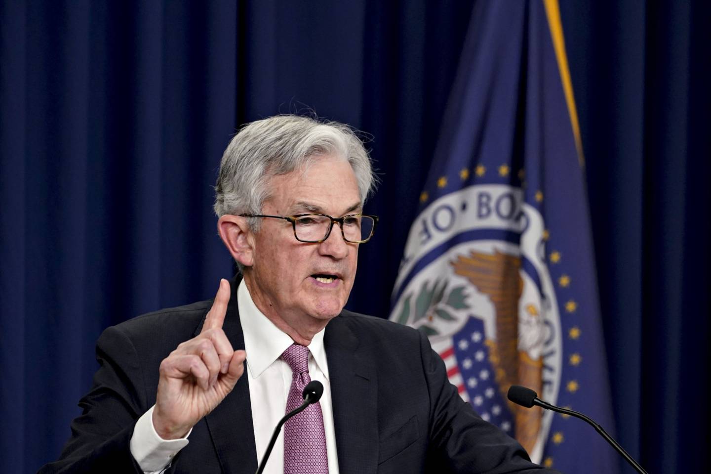 US Fed Chairman Jerome Powell speaks at a news conference on Wednesday following the decision to raise interest rates by the steepest increment since 2000. Bloomberg 