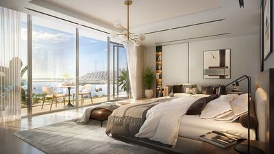 An illustration of a typical bedroom at Louvre Abu Dhabi Residences by Aldar.