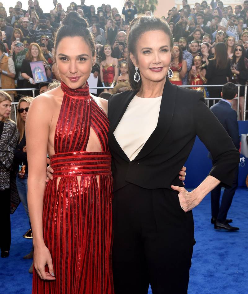 HOLLYWOOD, CA - MAY 25: Actors Gal Gadot (L) and Lynda Carter attend the premiere of Warner Bros. Pictures' "Wonder Woman" at the Pantages Theatre on May 25, 2017 in Hollywood, California.   Alberto E. Rodriguez/Getty Images/AFP